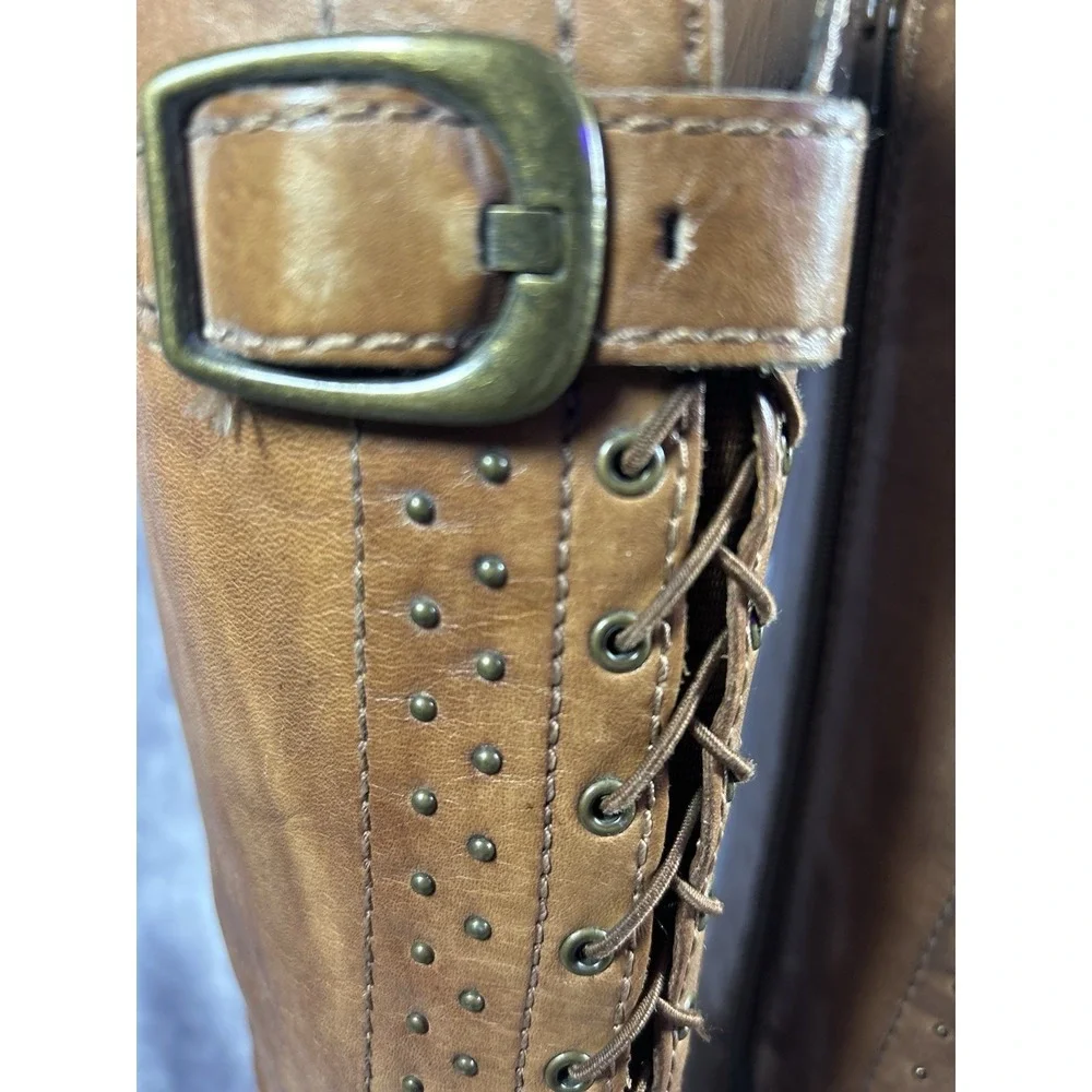 Arturo Chiang Womens 8M Brown Leather Knee High Riding Boots Studded Lace Up